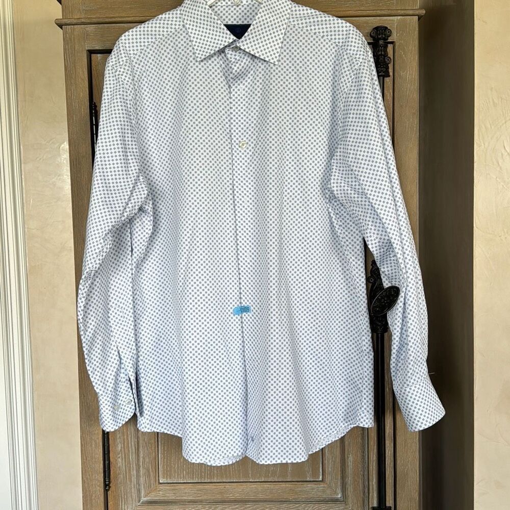 David Donahue White & Blue Geometric Print Dress Shirt Trim Fit 16 32/33